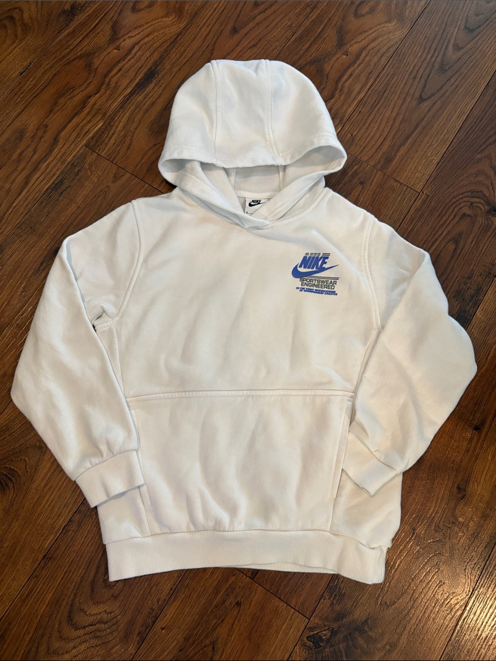 Boys Nike White Pullover Hoodie with Blue Logo